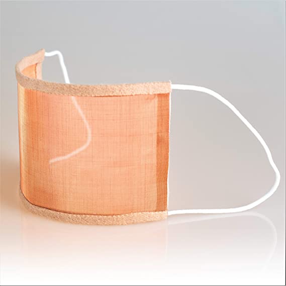 Photograph of a Kuhn All Copper Mesh mask with a beige trim